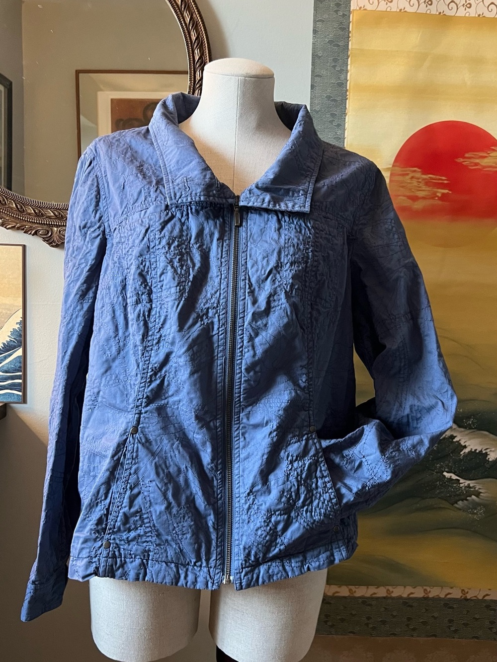 Retro Chic Slate Blue Utility Zip Jacket with Stand Collar - Picture 2 of 5